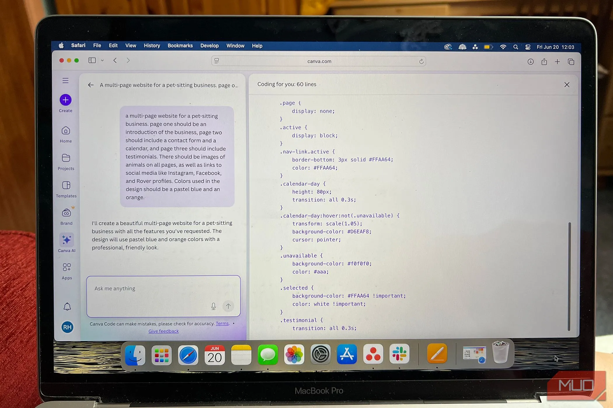 Quá trình Canva Codes tạo website bằng AI text prompt, hiển thị mã nguồn và giao diện trực quan.
