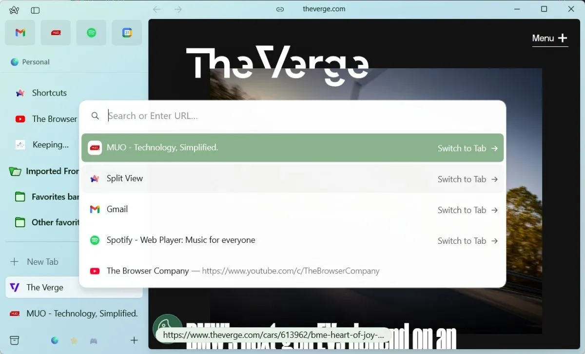 Quản lý tab hiệu quả trên Arc browser với tùy chọn chuyển đến tab đang mở