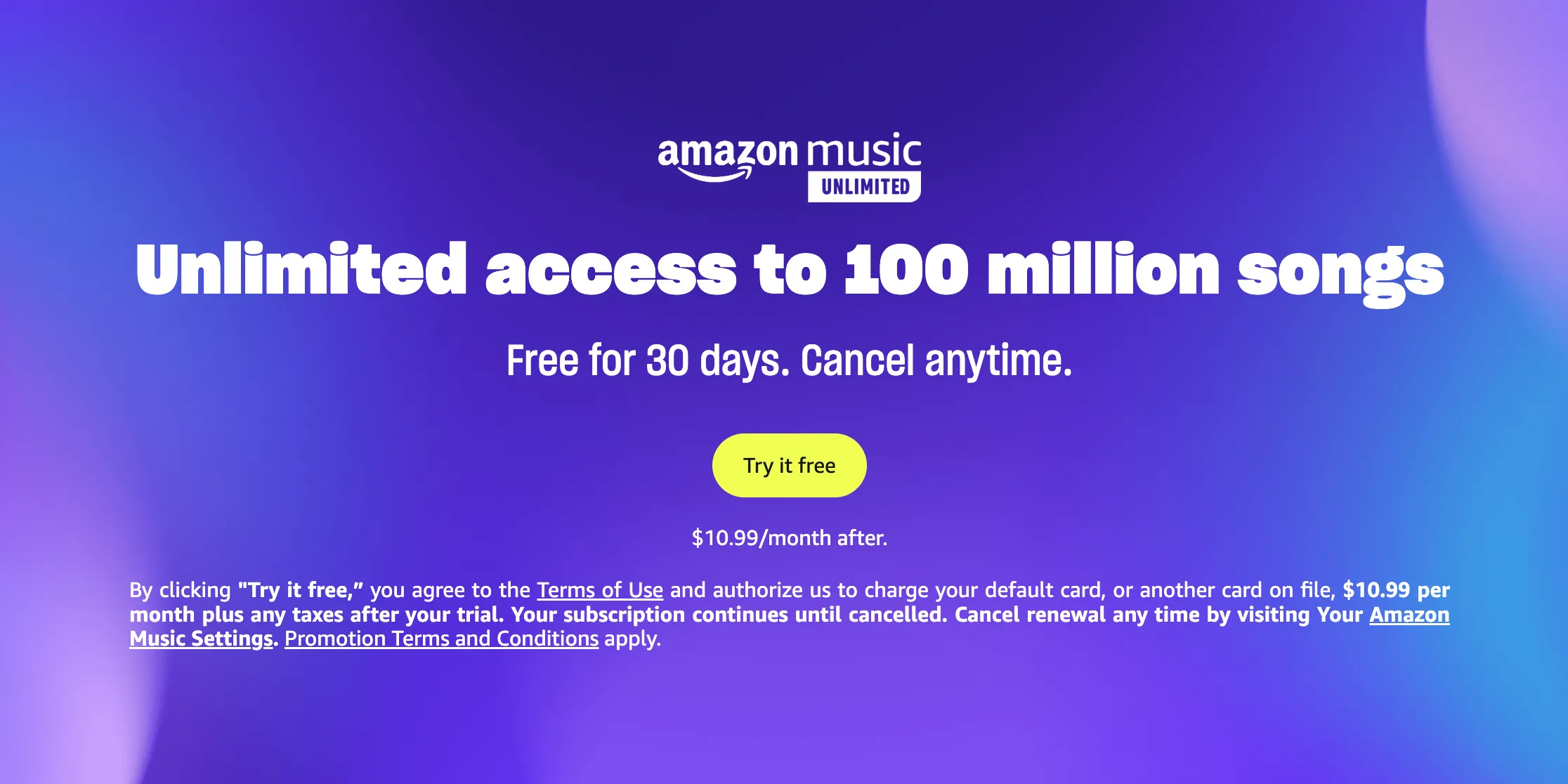 Quảng cáo Amazon Music Unlimited hiển thị các ưu đãi và bản dùng thử miễn phí