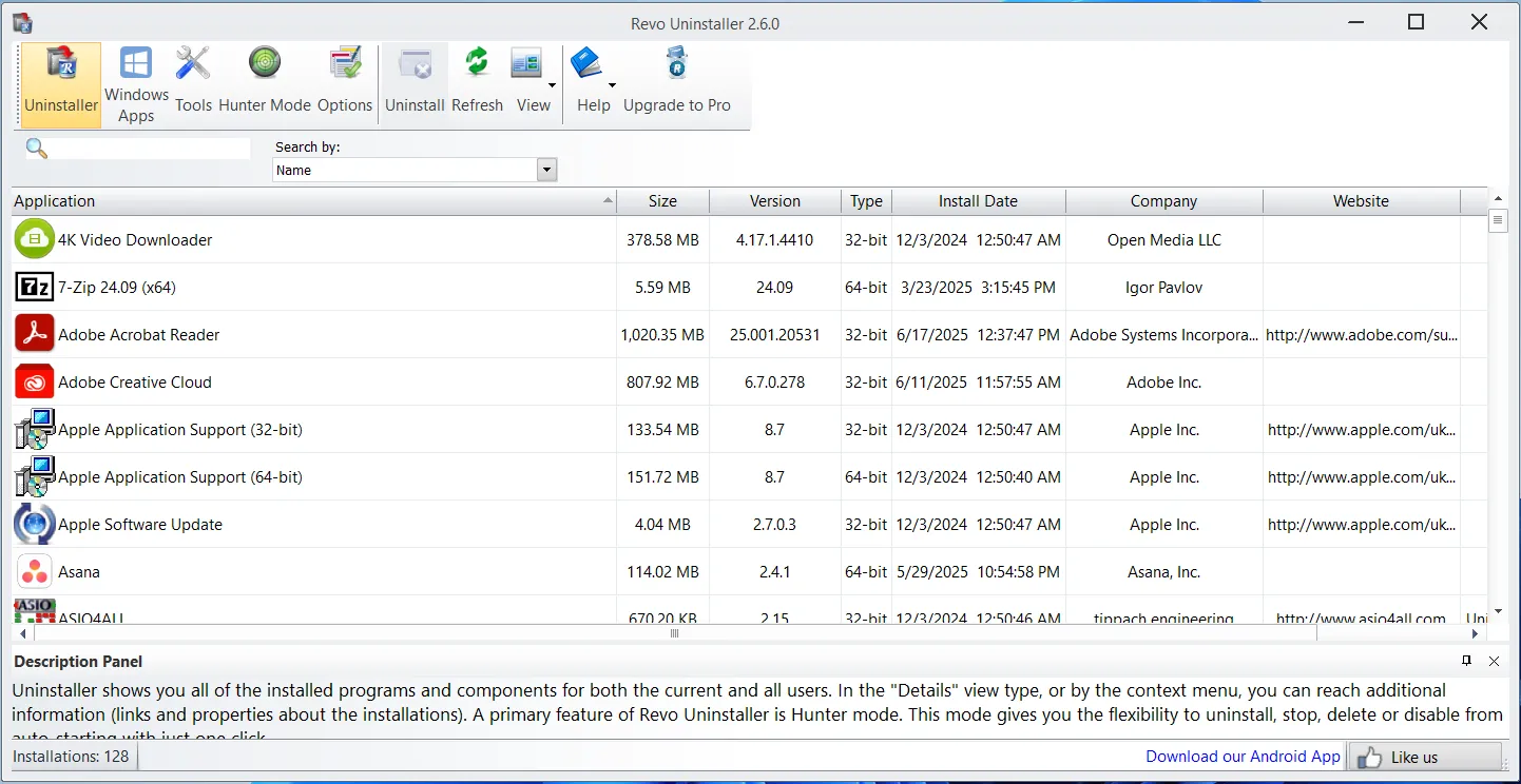 Revo Uninstaller đang hiển thị danh sách các chương trình đã cài đặt trên Windows, sẵn sàng để gỡ bỏ.