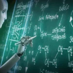 Robot đang giải toán phức tạp trên bảng xanh, minh họa khả năng suy luận của AI