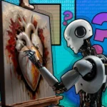 Robot đang vẽ bức tranh trái tim con người với dấu hỏi xung quanh