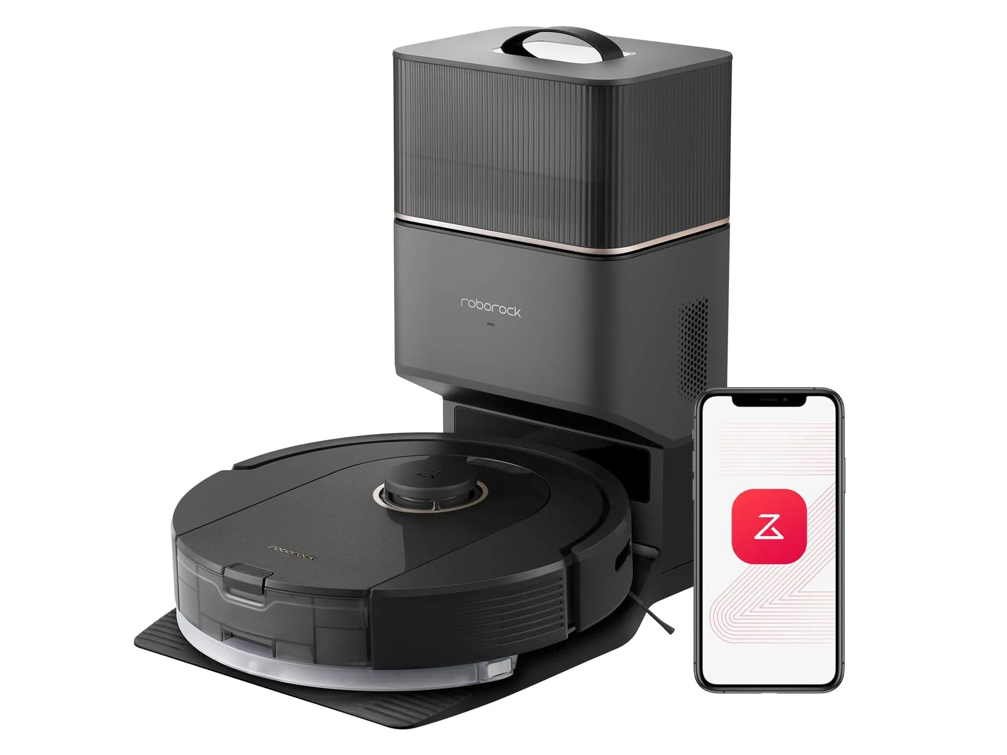 Robot hút bụi lau nhà Roborock Q5 Pro+ màu trắng với trạm sạc tự đổ rác, minh họa khả năng làm sạch tự động