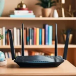 Router Wi-Fi có bốn ăng-ten đặt trên bàn gần giá sách, biểu tượng cho vị trí tối ưu để khắc phục lỗi Wi-Fi chập chờn.