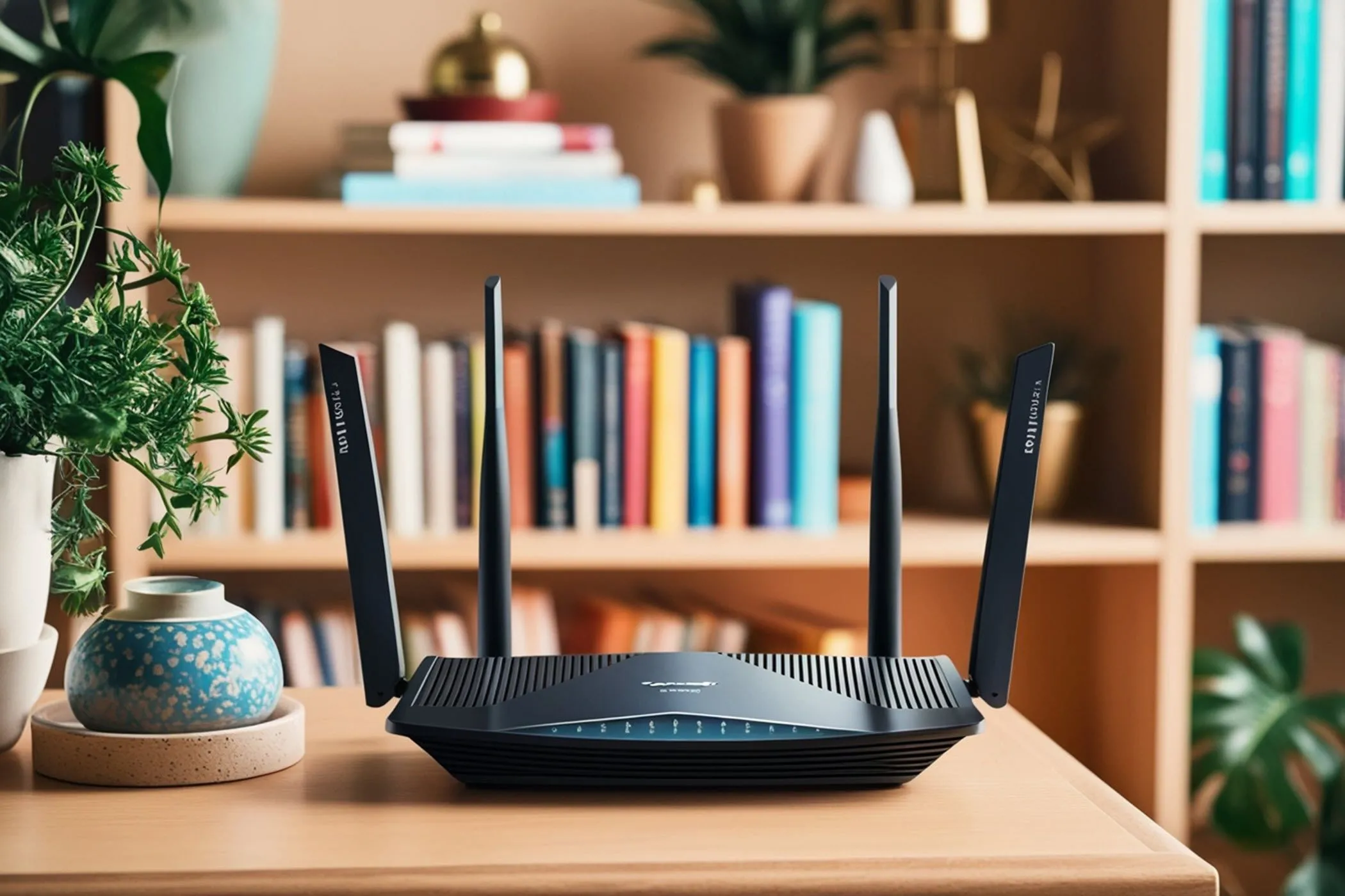 Router Wi-Fi với bốn ăng-ten, tượng trưng cho cài đặt bảo mật mạng