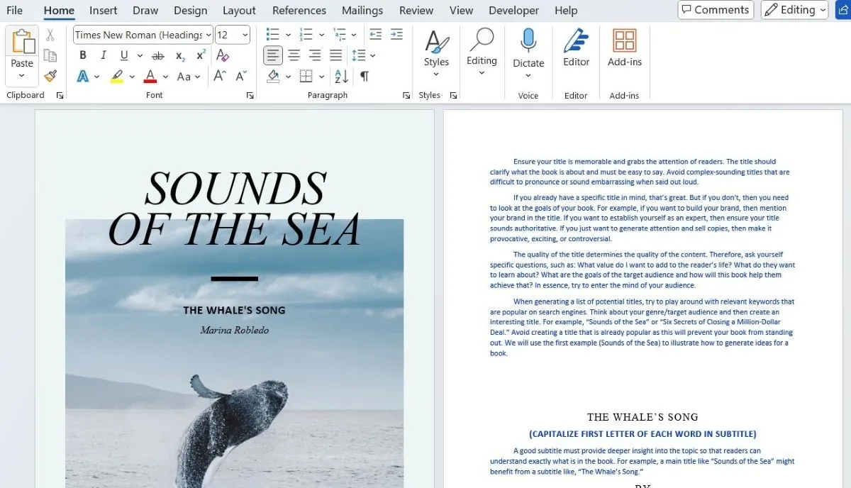 Sách điện tử Sounds of the sea được hiển thị trong tài liệu Word