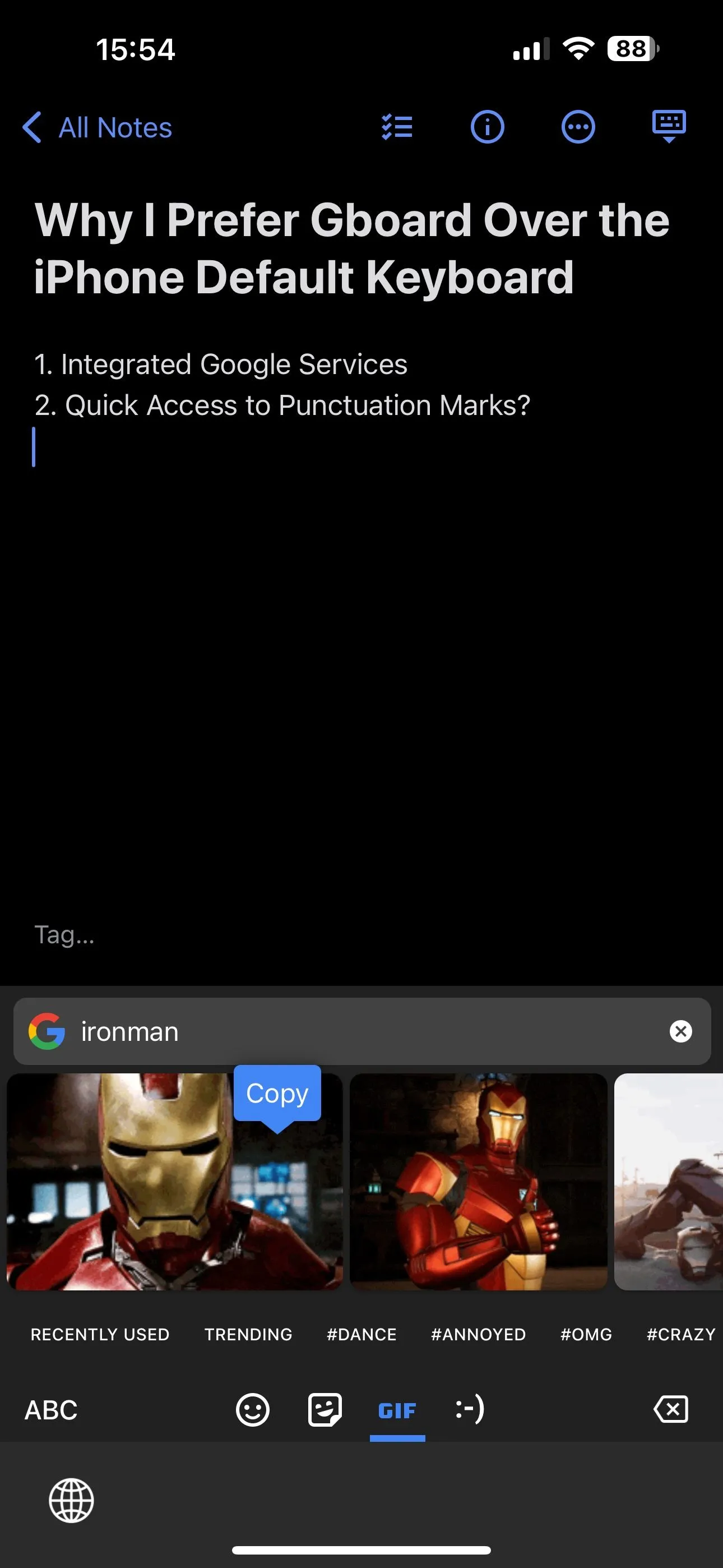 Sao chép và dán ảnh GIF vào cuộc trò chuyện trực tiếp từ bàn phím Gboard trên iPhone.