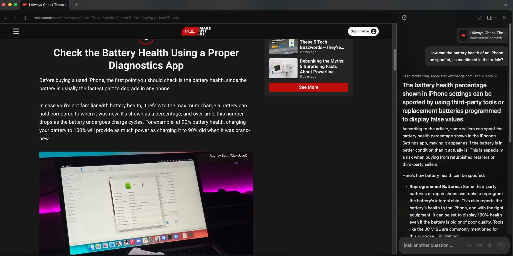 Sidebar AI trên Dia Browser hiển thị kết quả truy vấn từ bài viết MakeUseOf