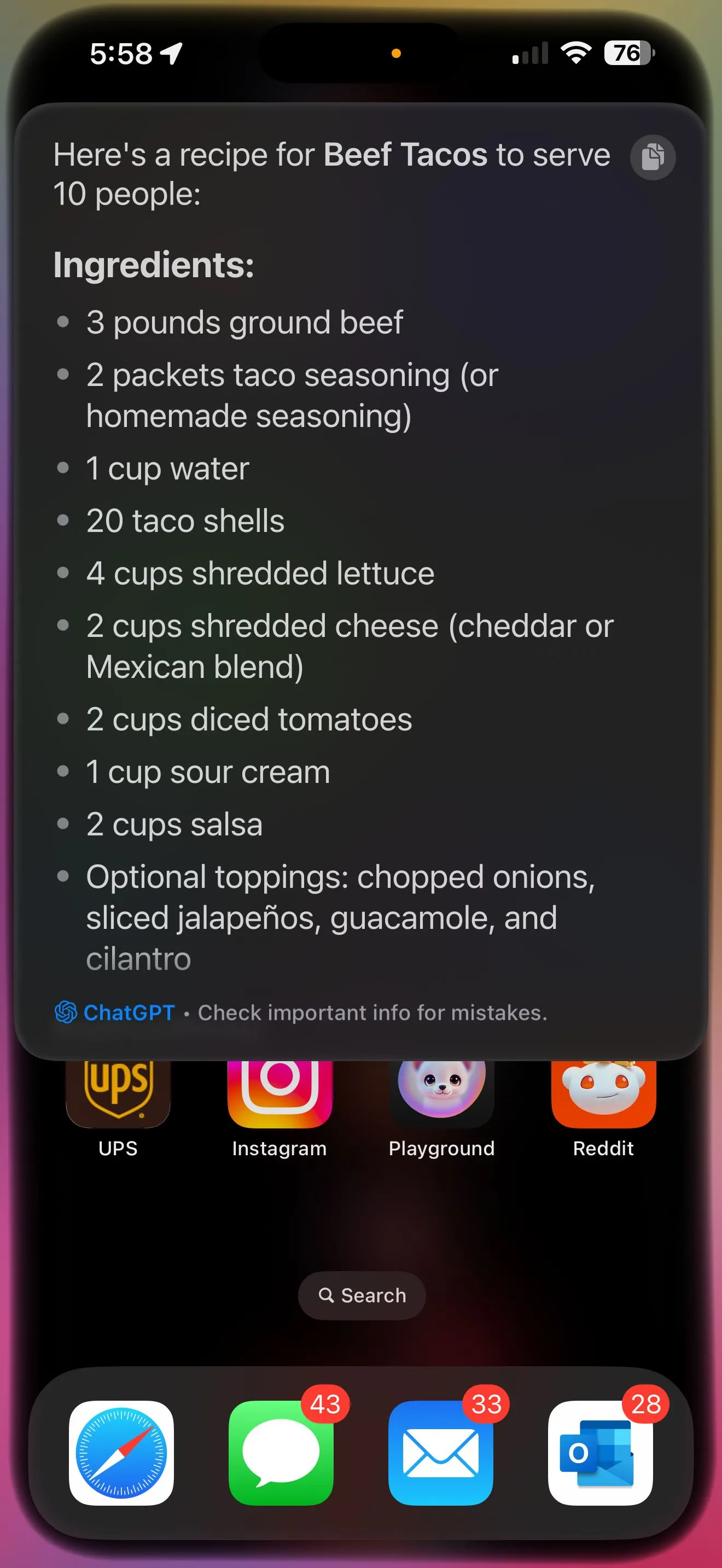 Siri tích hợp ChatGPT cung cấp công thức nấu món taco chi tiết