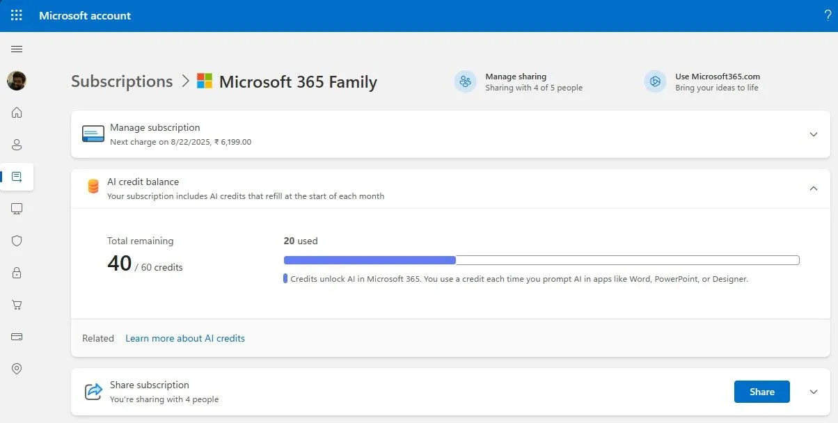 Số dư tín dụng AI cho Microsoft 365