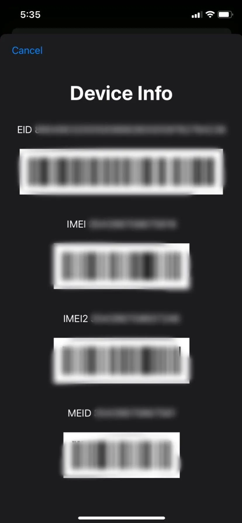 Số IMEI được hiển thị trên màn hình iPhone
