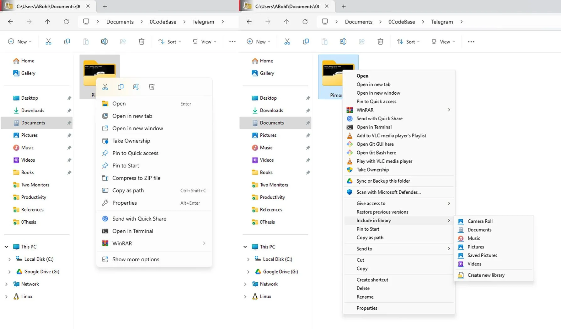 So sánh menu chuột phải của Windows 11 và menu chuột phải cổ điển của Windows 10, làm nổi bật sự khác biệt về giao diện và chức năng.
