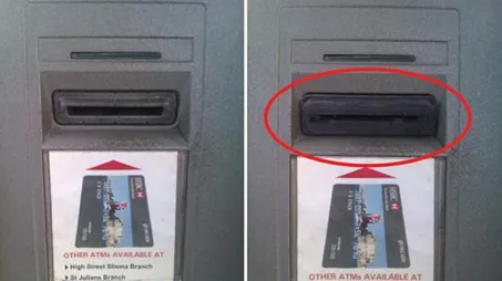 So sánh một máy ATM có thiết bị skimming thẻ và một máy không có.