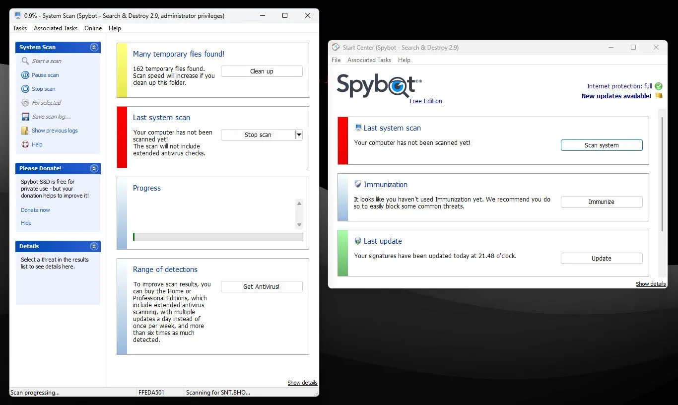 Spybot – Search &amp; Destroy đang quét máy tính Windows để tìm spyware và adware