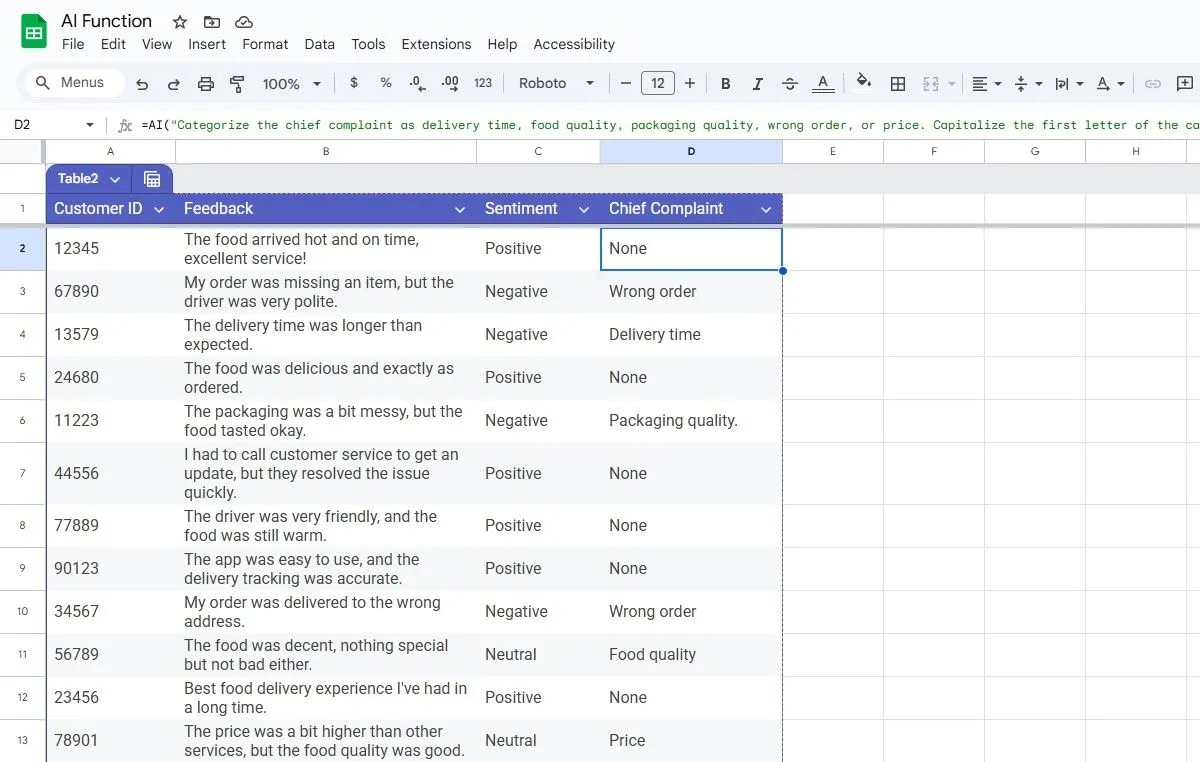 Sử dụng AI để phân loại phản hồi của khách hàng trong Google Sheets