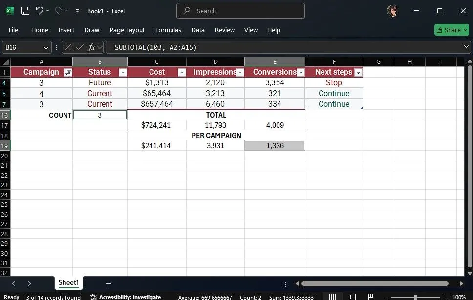 Sử dụng hàm SUBTOTAL với chức năng COUNTA (103) để đếm số lượng mục trong bảng Excel