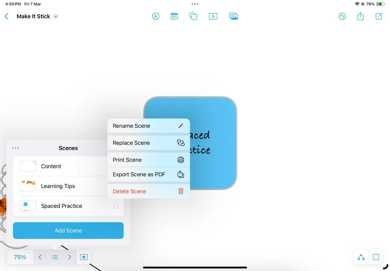 Sử dụng tính năng Scenes Navigator trong Freeform để điều hướng nhanh giữa các phần ghi chú chính