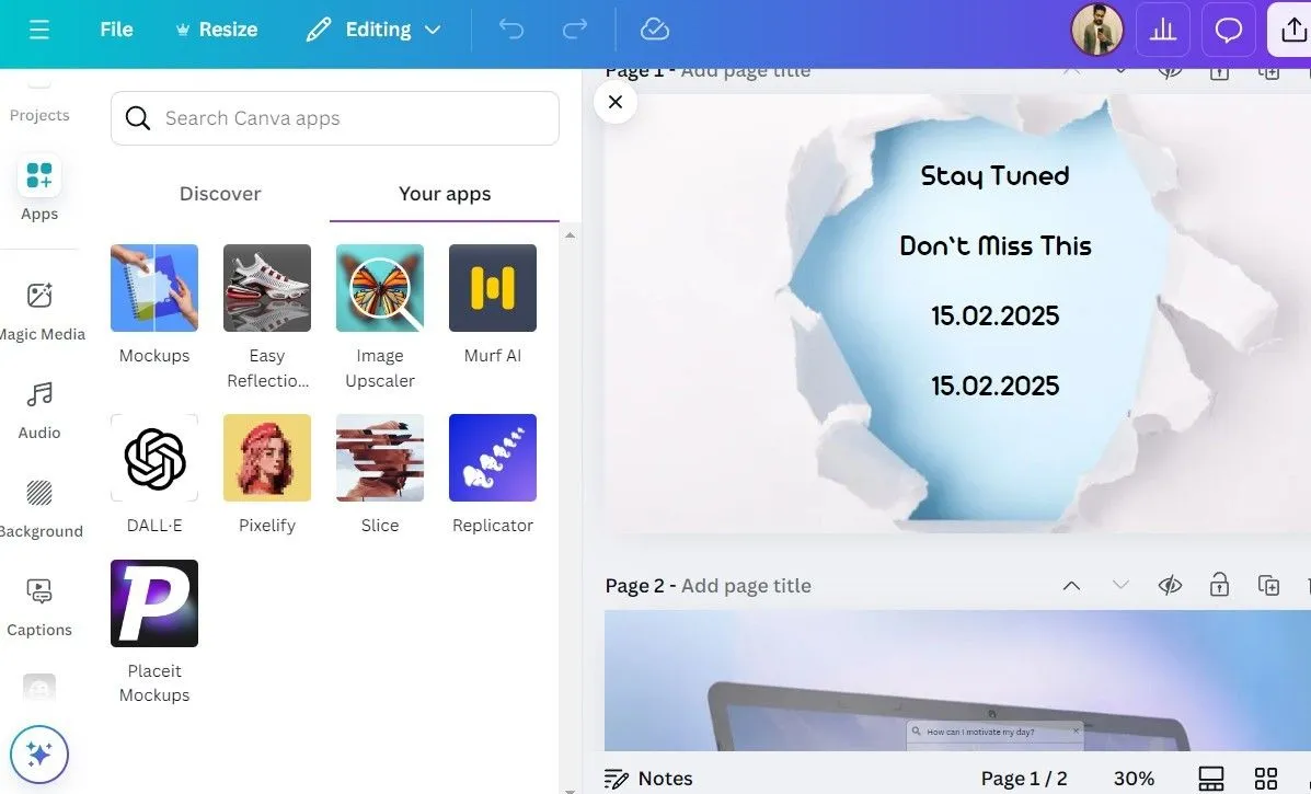 Tab &quot;Apps&quot; trong ứng dụng Canva, hiển thị các ứng dụng bên thứ ba hữu ích để mở rộng khả năng thiết kế.