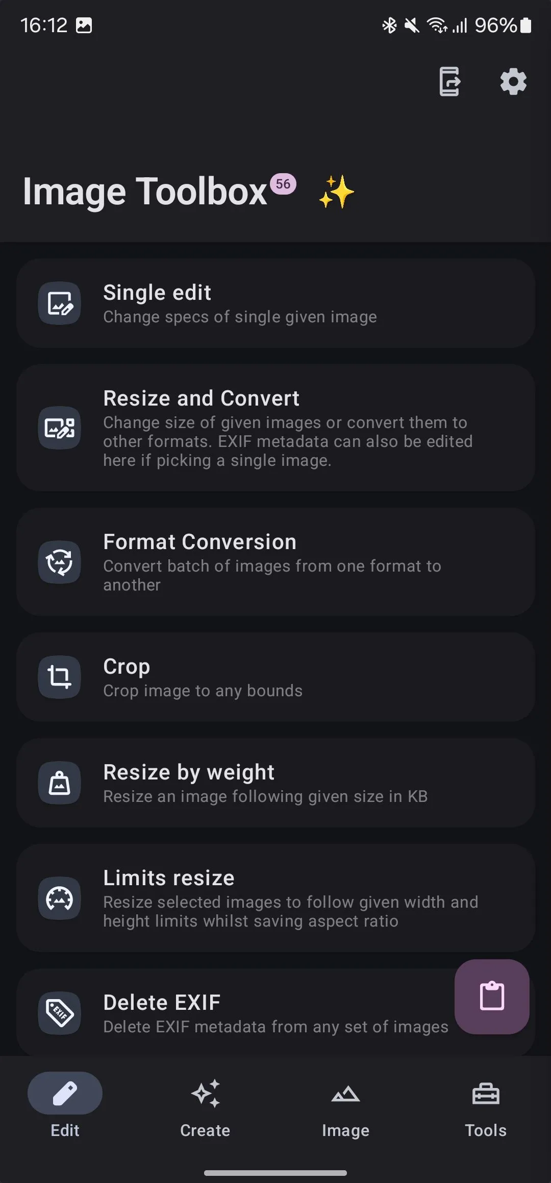 Tab chỉnh sửa của ứng dụng Image Toolbox.