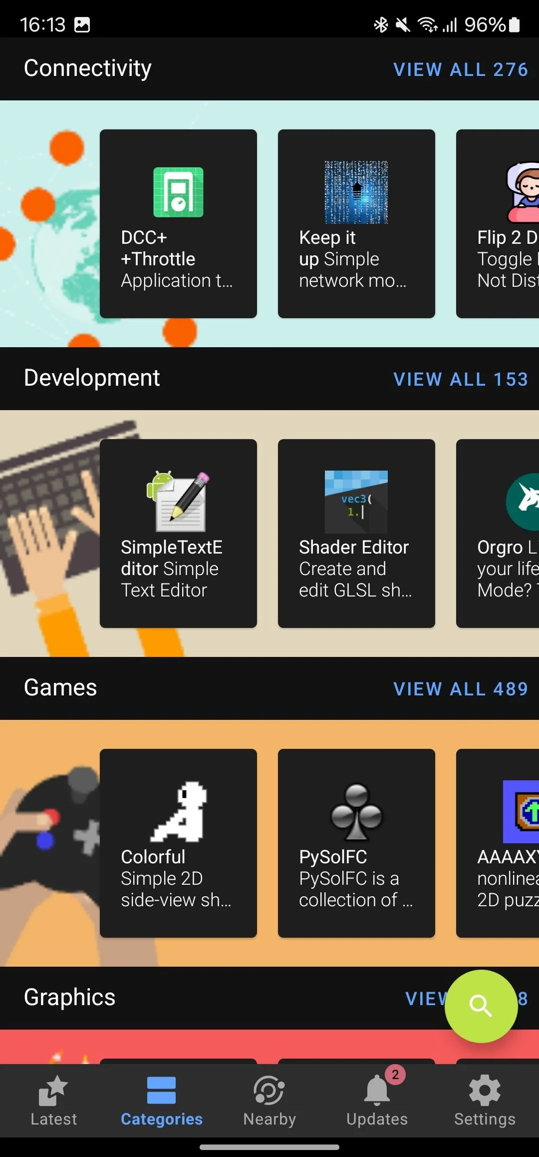Tab danh mục của ứng dụng F-Droid.