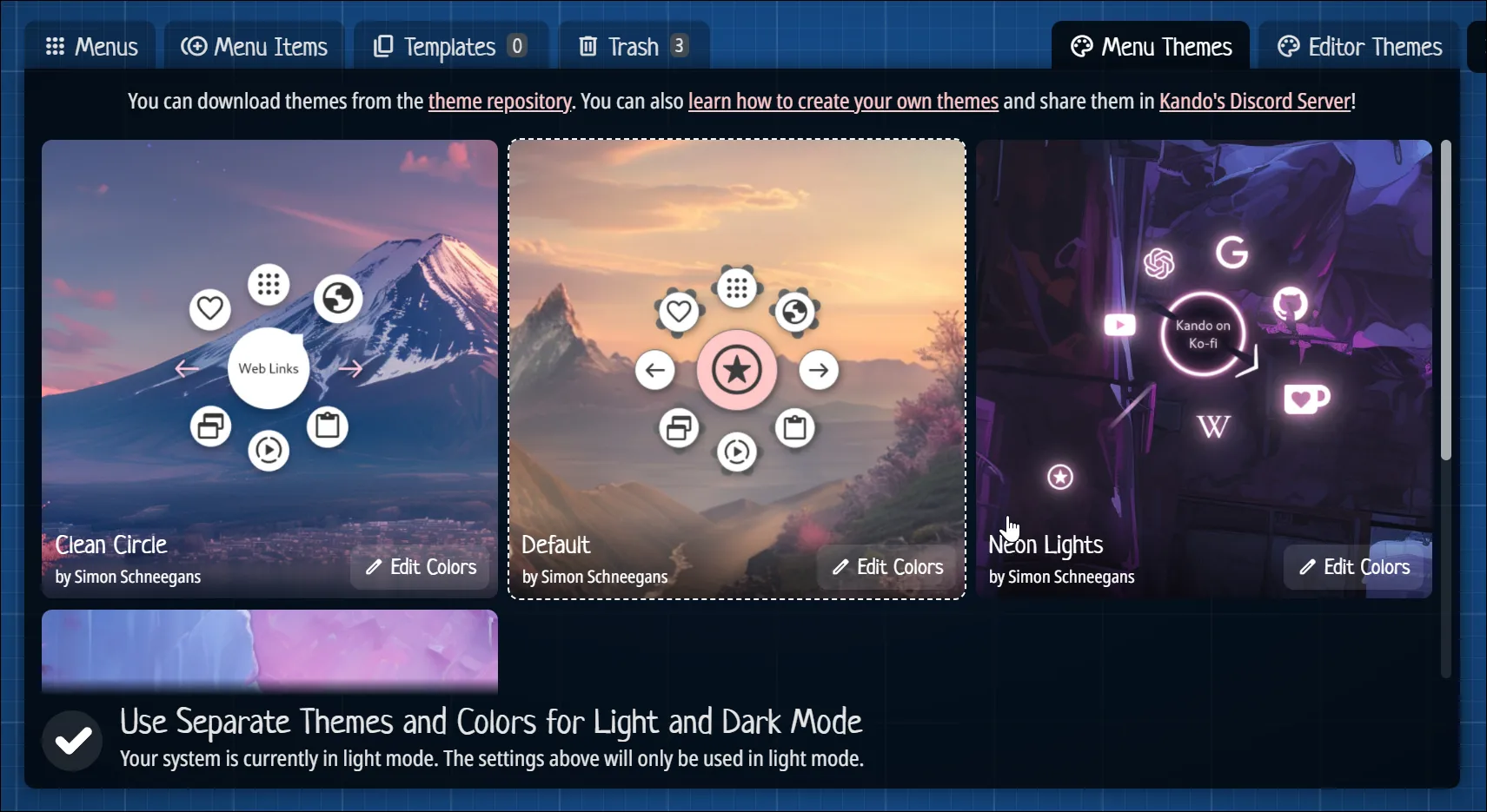 Tab Menu Theme trong trình chỉnh sửa Kando trên Windows 11