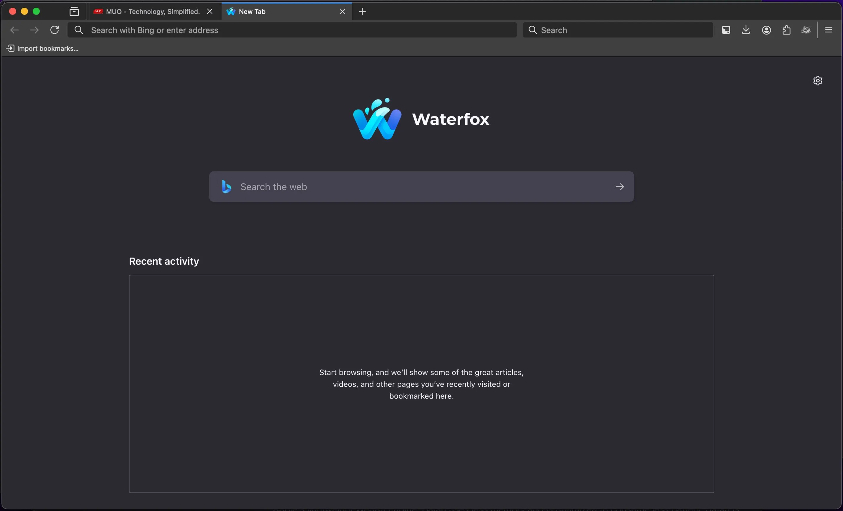 Tab mới của trình duyệt Waterfox trên Mac