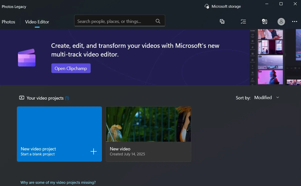 Tab trình chỉnh sửa video trong ứng dụng Photos Legacy trên Windows, cung cấp các công cụ chỉnh sửa cơ bản.