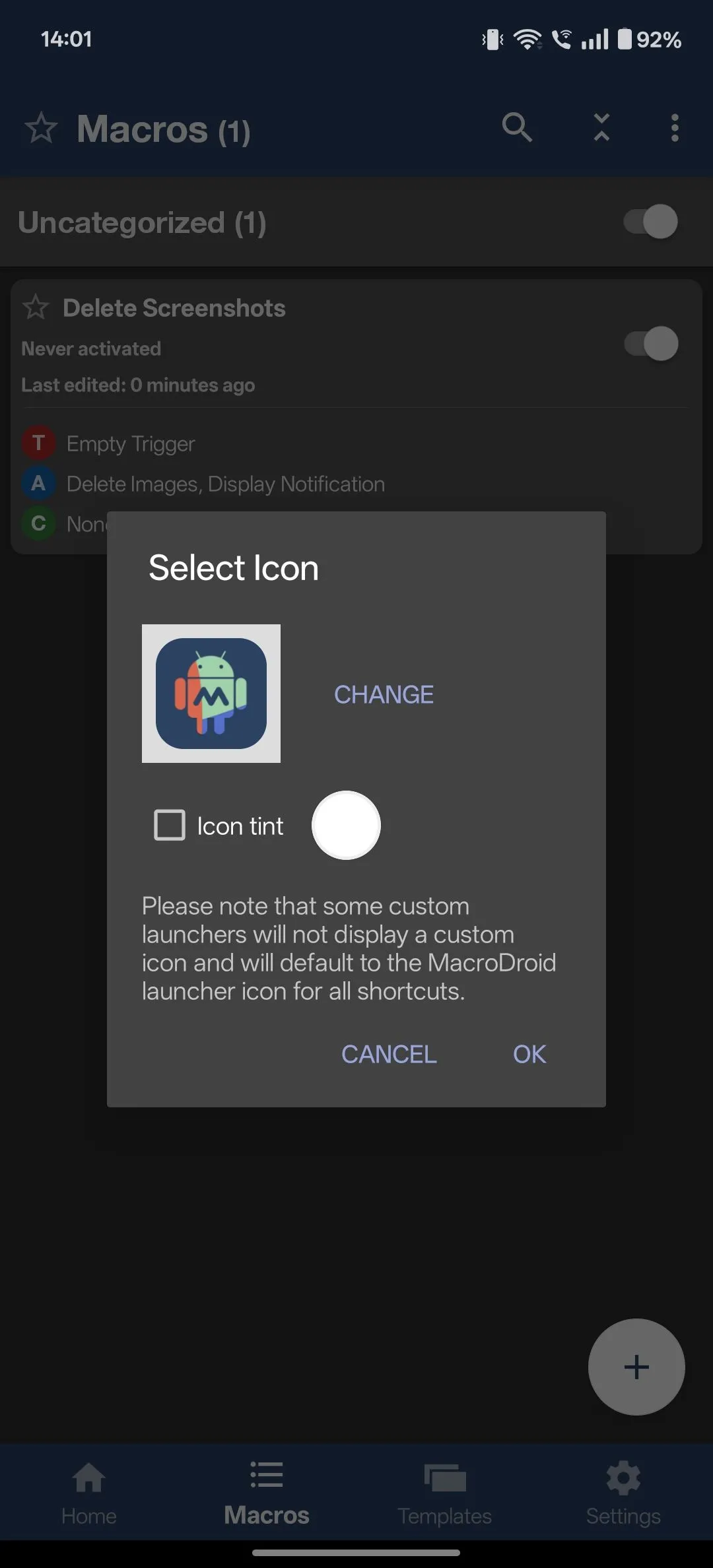 Tạo lối tắt macro MacroDroid trên màn hình chính Android để xóa ảnh tiện lợi.