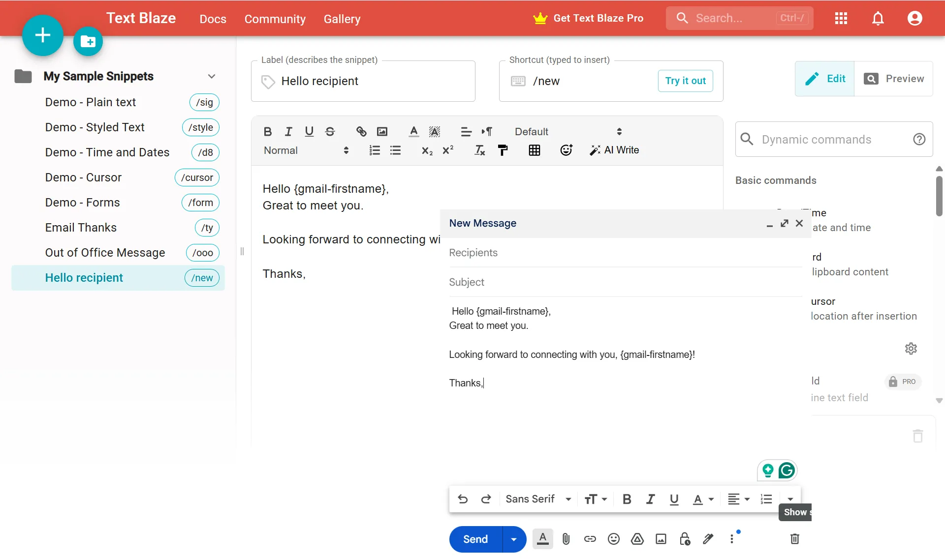Tạo snippets động trong Text Blaze với các trường tùy chỉnh