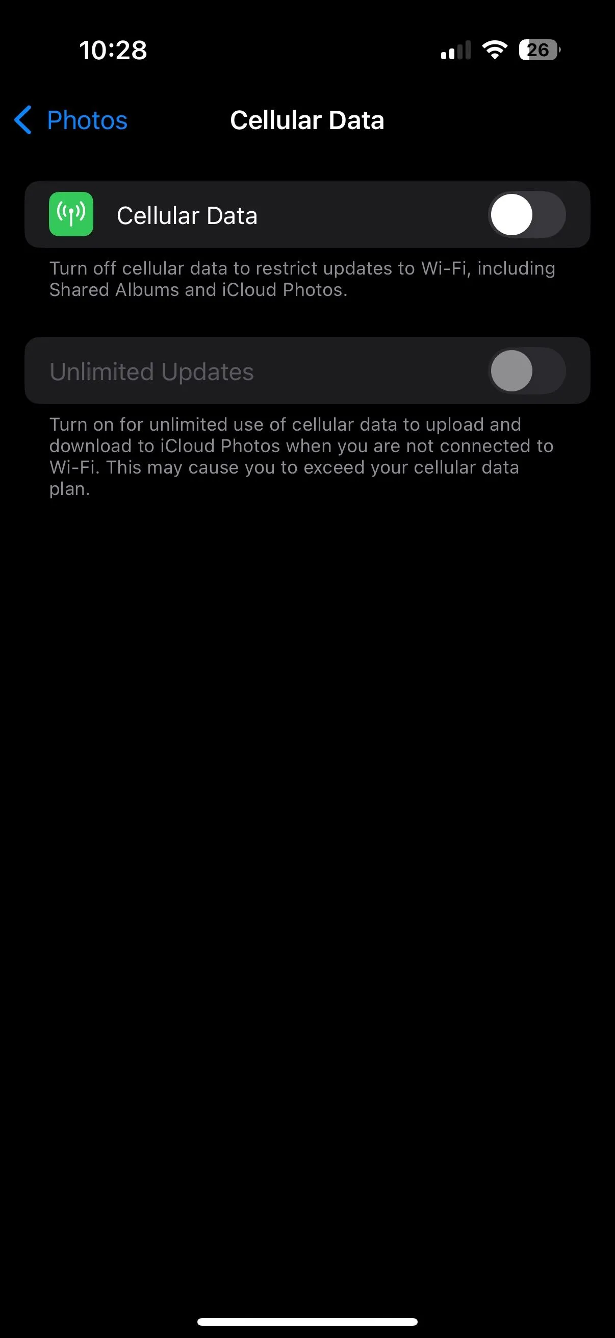 Tắt sử dụng dữ liệu di động cho Ảnh trong iCloud trên iPhone để tiết kiệm 4G