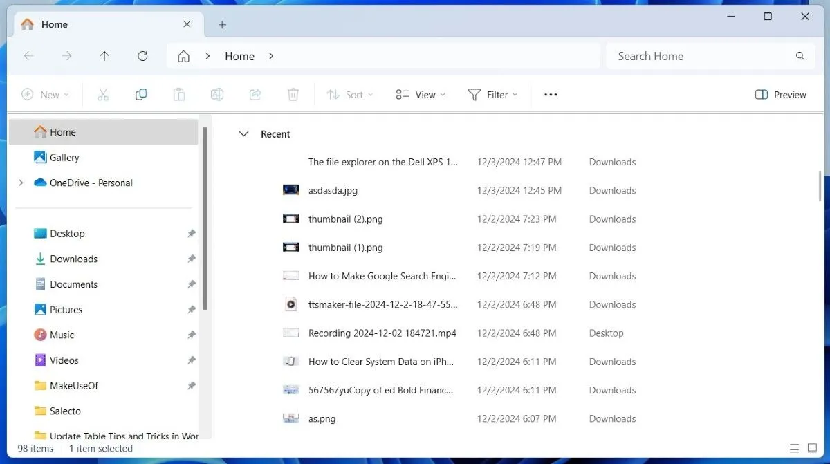 Tệp gần đây hiển thị trong File Explorer của Windows 11