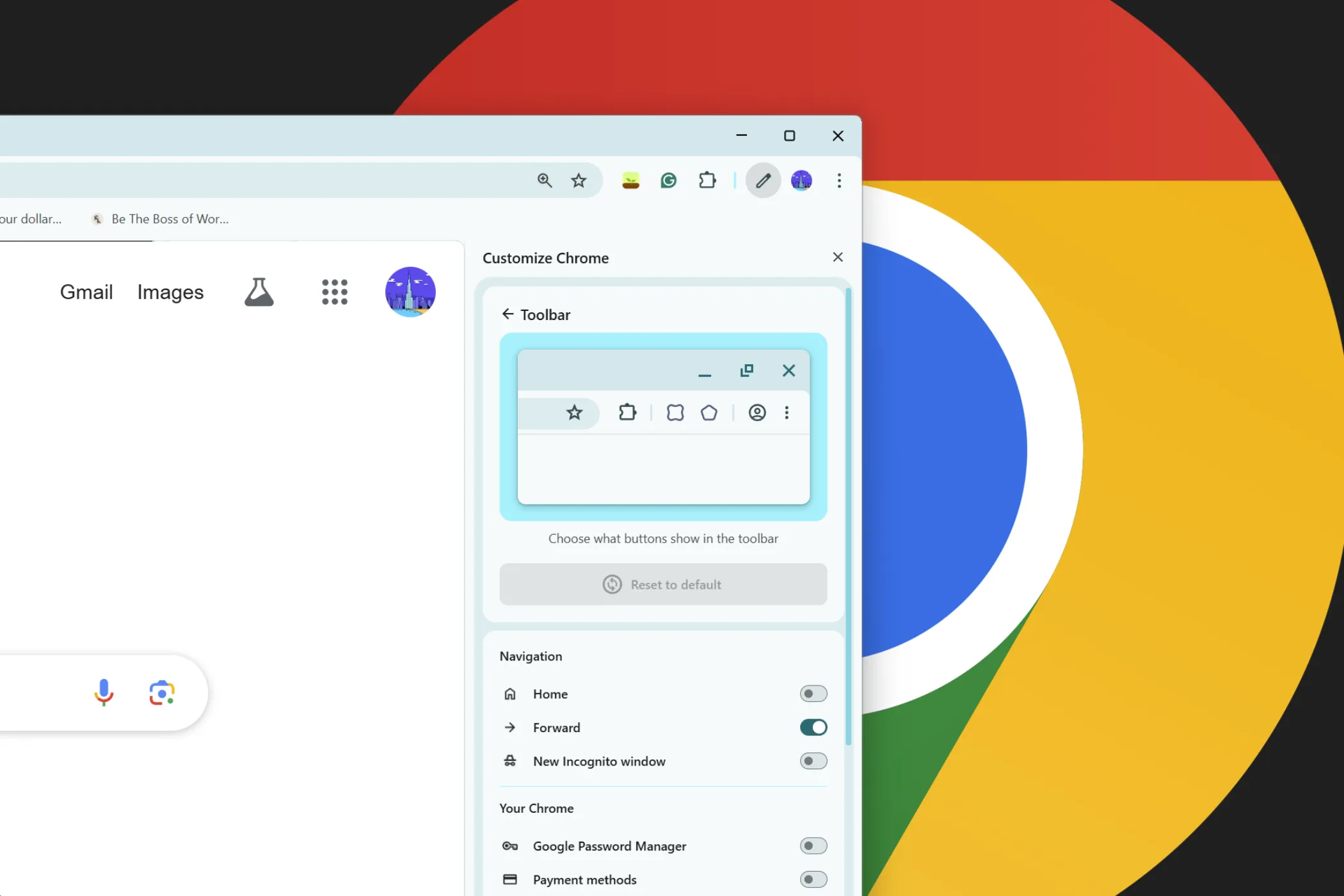 Thanh bên tùy chỉnh Chrome với logo Google Chrome ở nền.