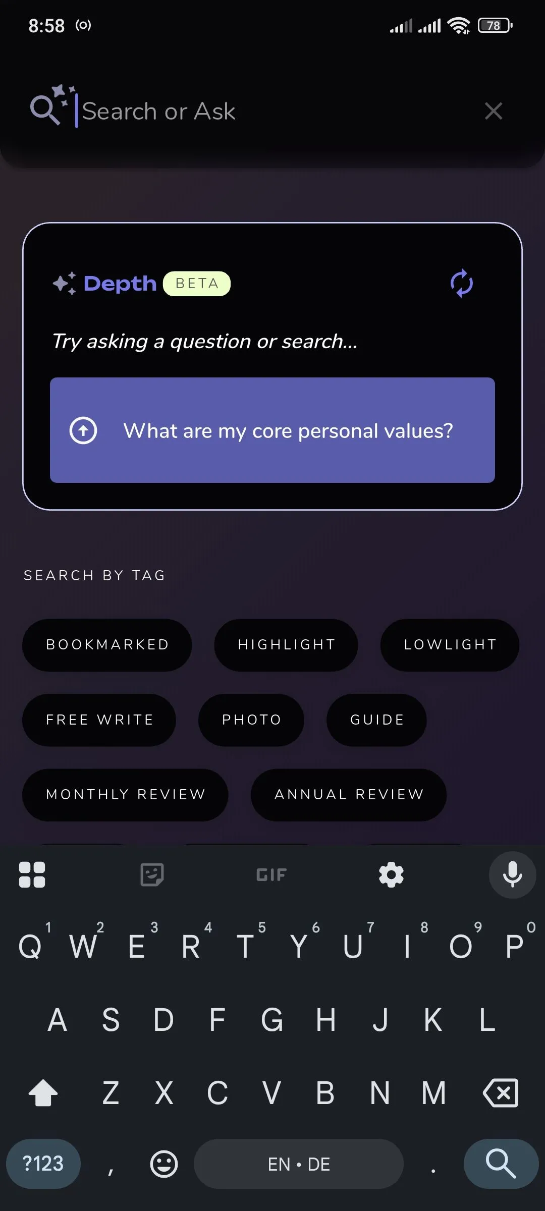 Thanh tìm kiếm của Reflection.app hiển thị tính năng AI chuyên sâu (Depth AI) để phân tích nhật ký.