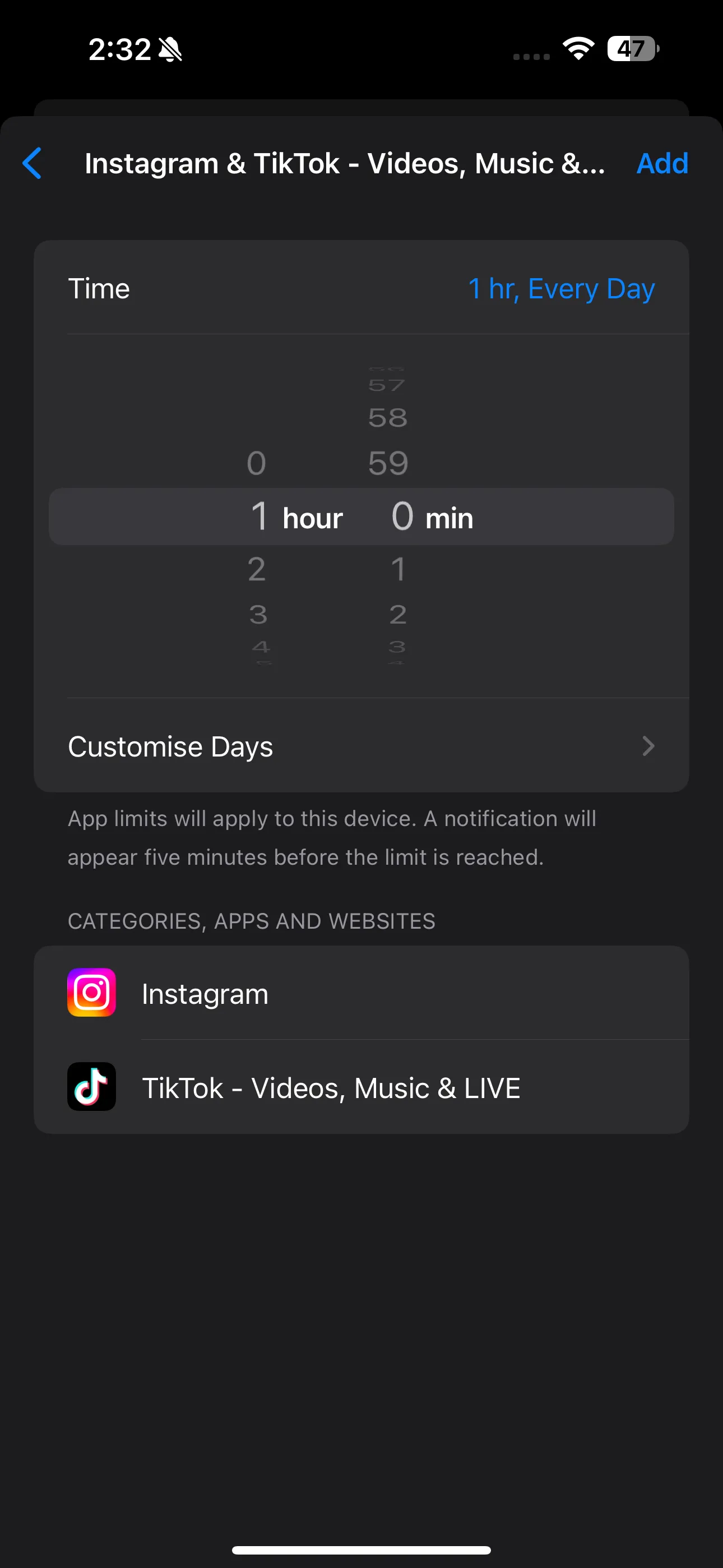 Thanh trượt thời gian và tùy chọn Tùy chỉnh ngày trong cài đặt Giới hạn ứng dụng Screen Time trên iPhone, giúp đặt giới hạn linh hoạt.