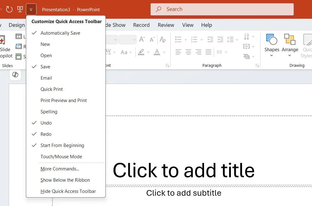 Thanh truy cập nhanh (Quick Access Toolbar) trong PowerPoint hiển thị các biểu tượng lệnh được ghim để truy cập nhanh chóng.