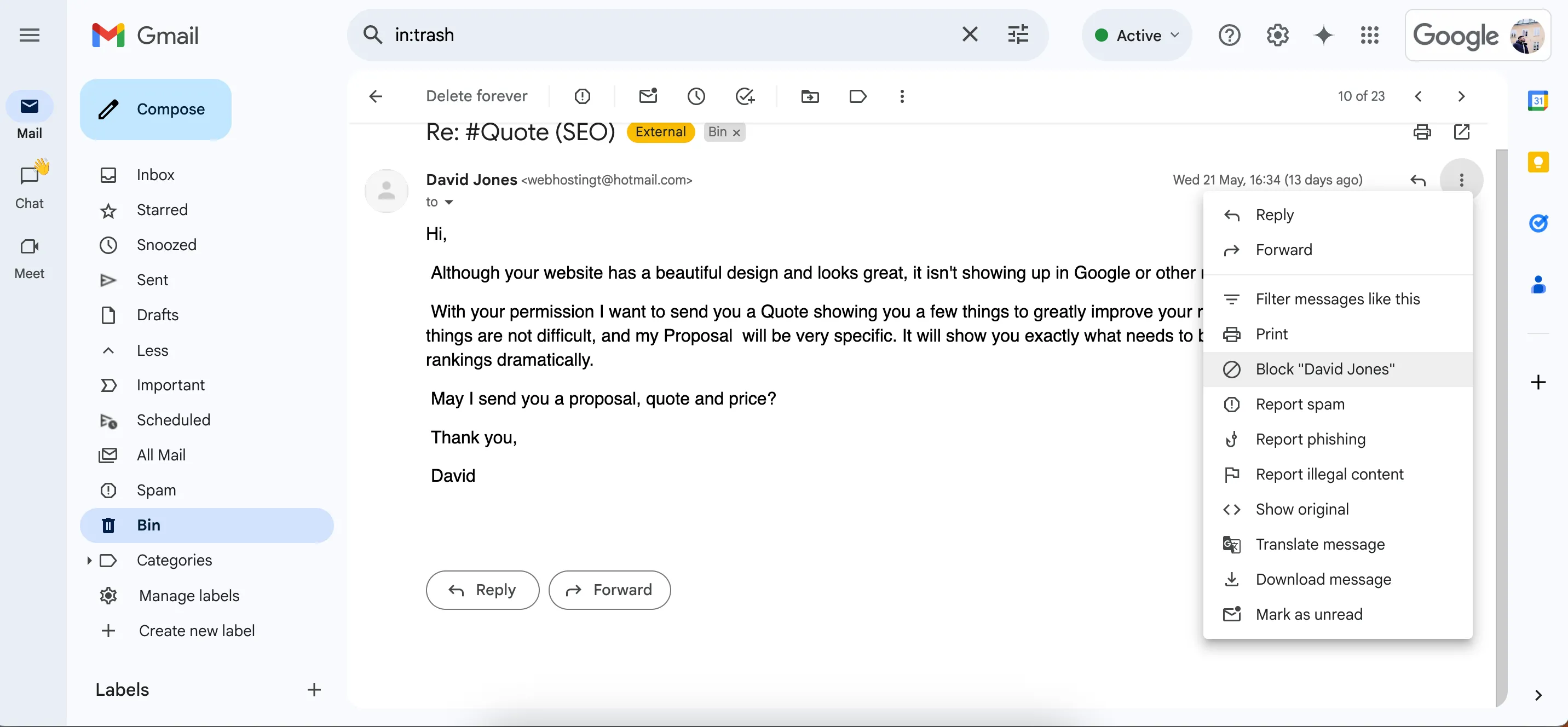 Thao tác chặn người gửi trong ứng dụng Gmail để ngăn thư rác và email không mong muốn