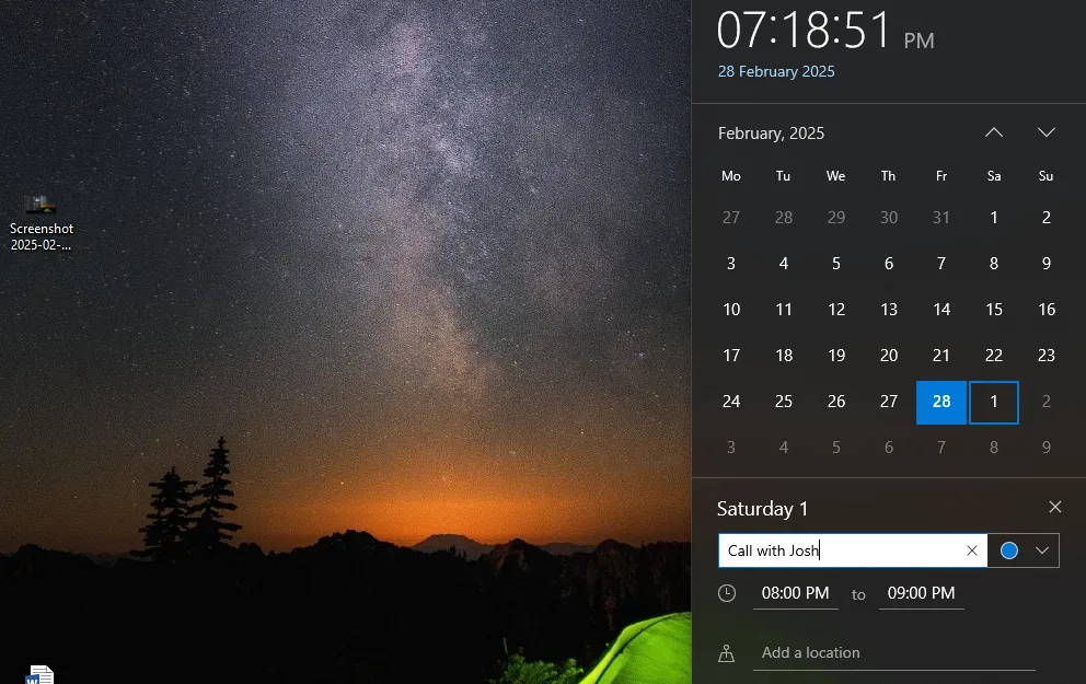Thao tác thêm sự kiện trực tiếp từ lịch tích hợp trên thanh tác vụ Windows 10, minh họa sự tiện lợi.