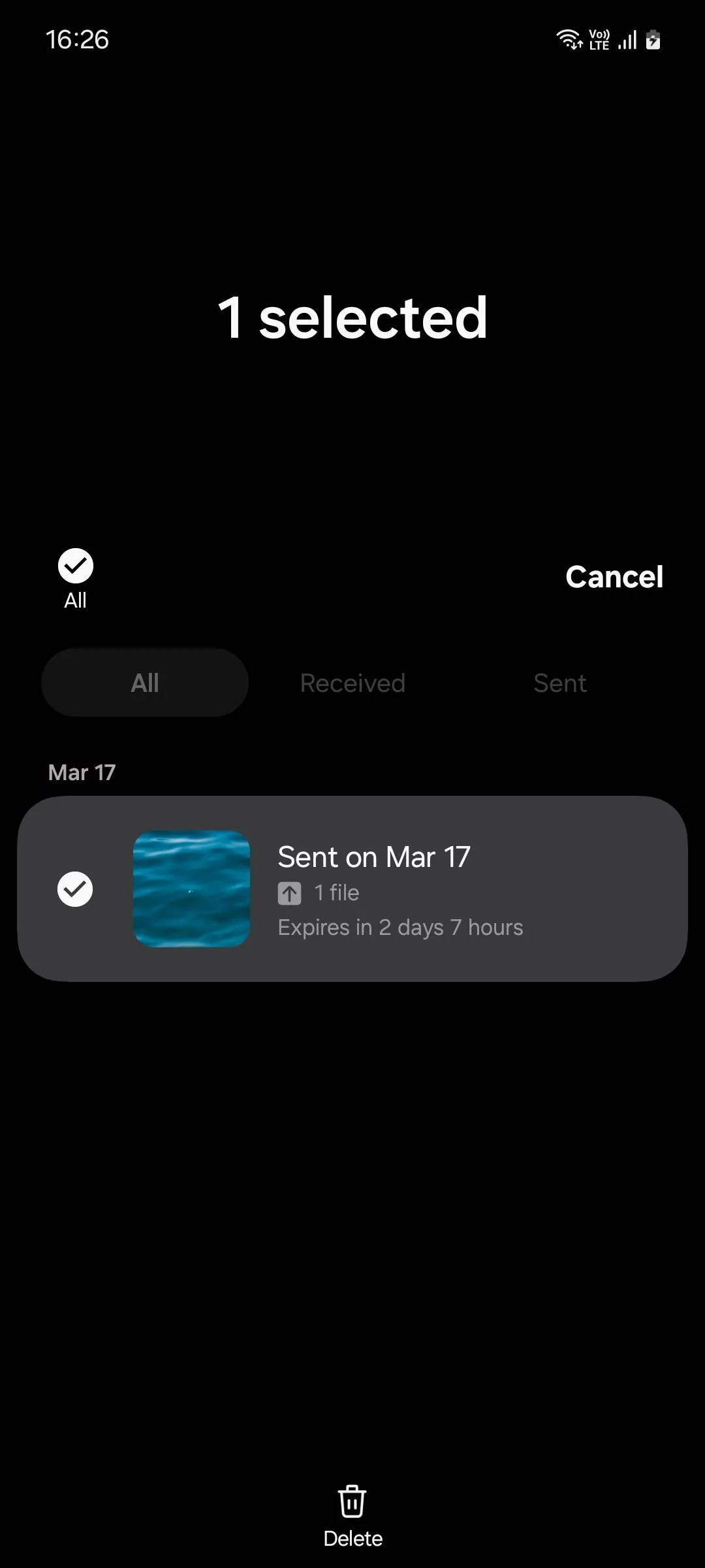 Thao tác xóa tệp đã chia sẻ qua Quick Share trên giao diện Samsung One UI 6.1
