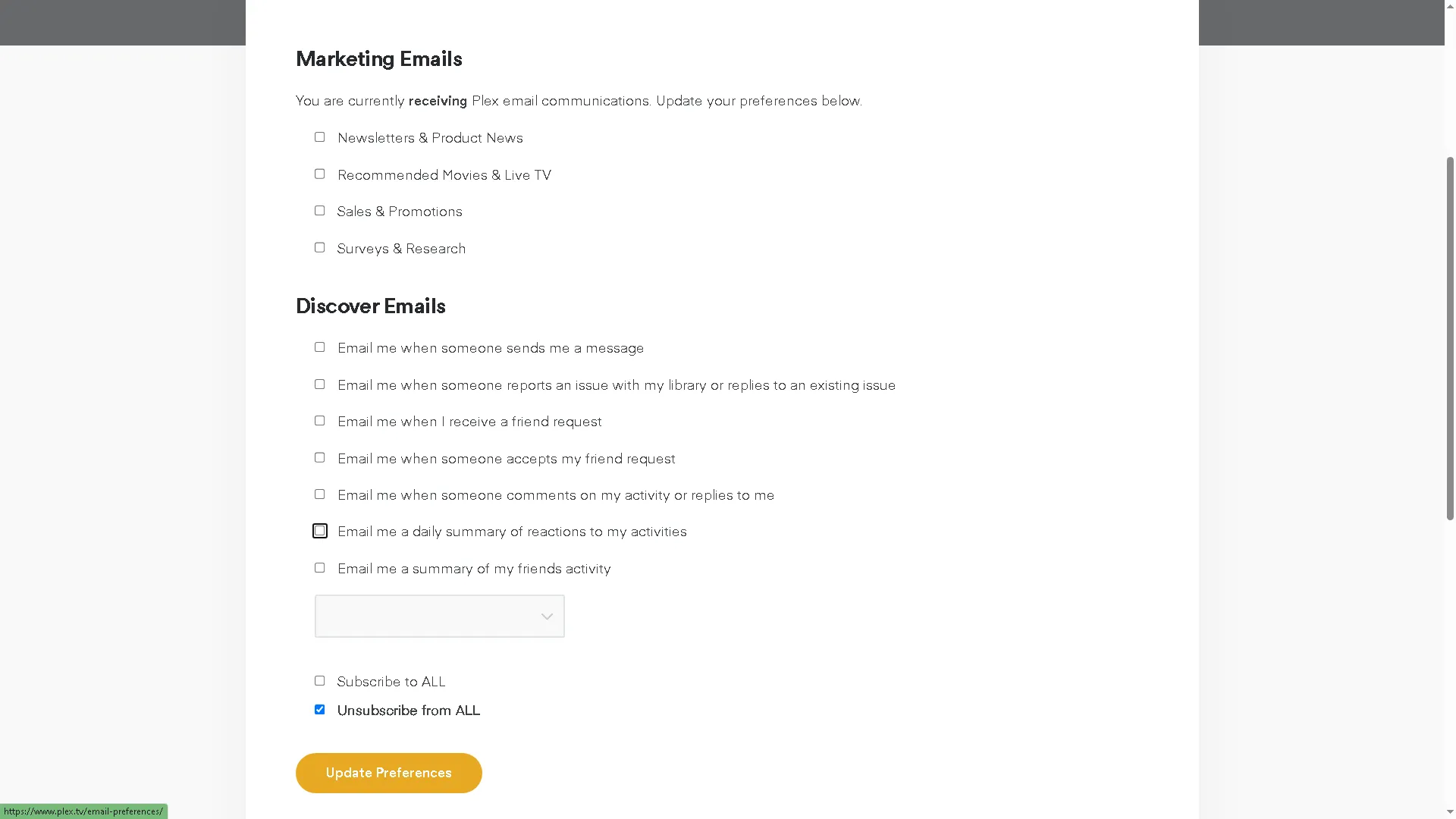 Thay đổi tùy chọn email tiếp thị của Plex
