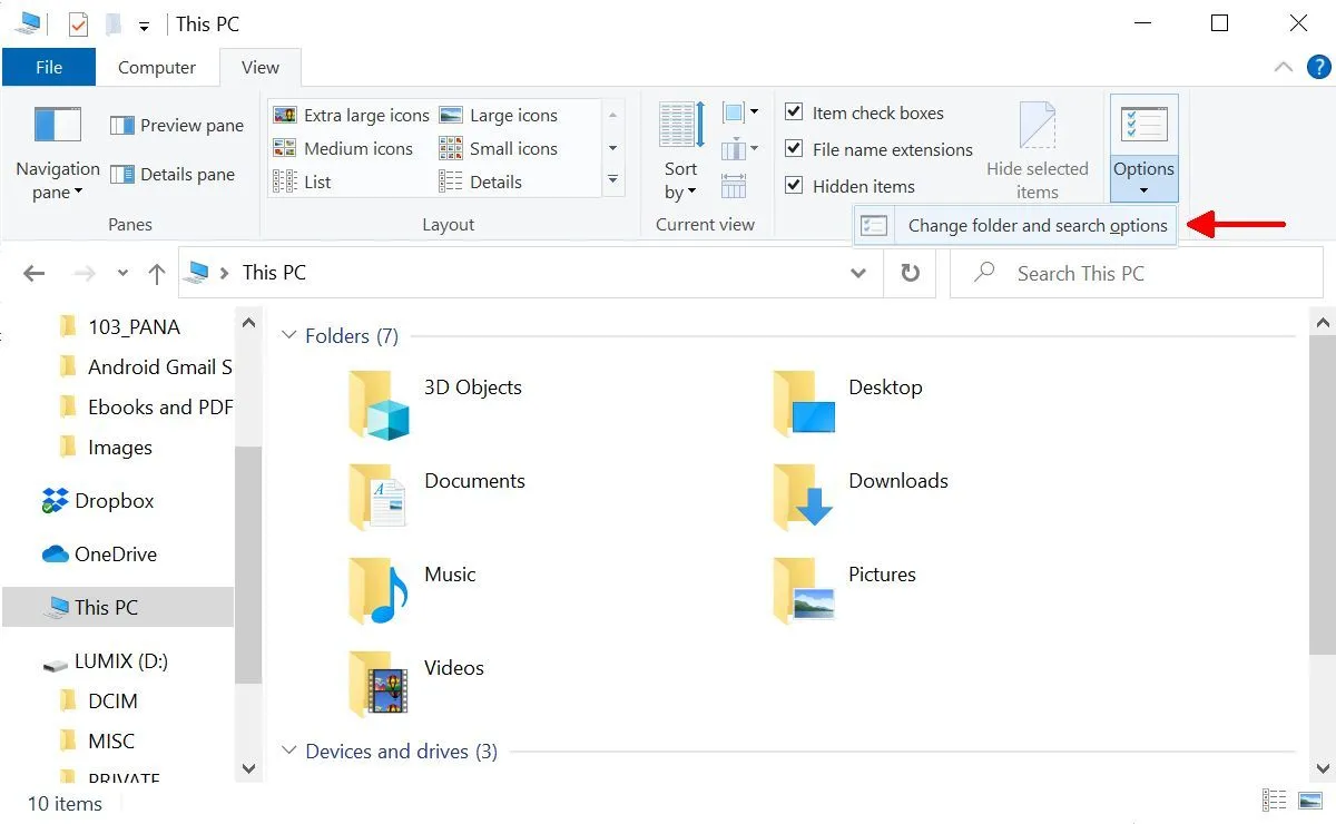 Thay đổi tùy chọn thư mục và tìm kiếm trong File Explorer Windows 10