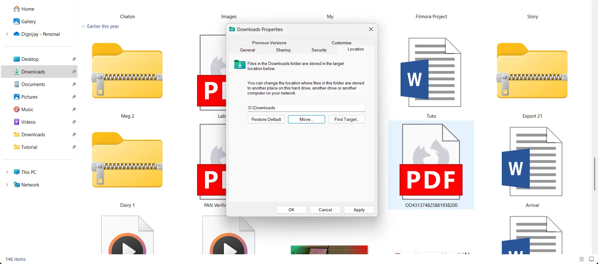Thay đổi vị trí mặc định cho thư mục Tải xuống (Downloads) trên Windows 11 thông qua cửa sổ Thuộc tính trong File Explorer