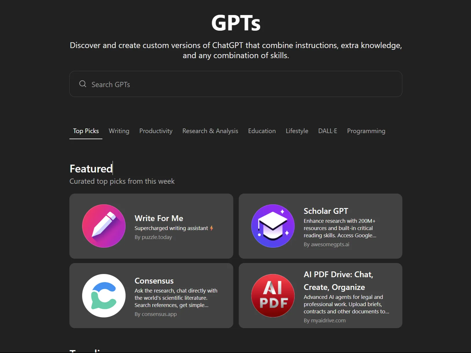 Thẻ &quot;GPT Tùy Chỉnh&quot; (Custom GPTs) trong ứng dụng web ChatGPT hiển thị danh sách các GPT nổi bật, cho thấy hệ sinh thái phong phú.