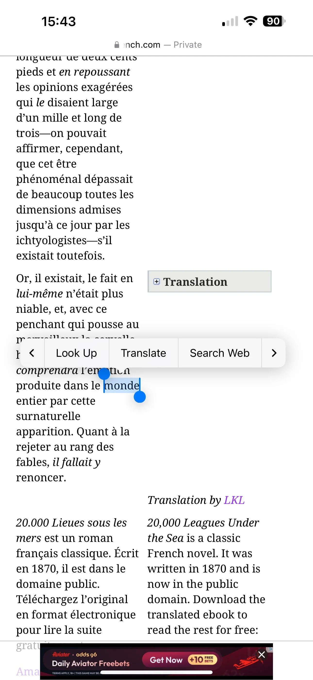Thẻ Look Up hiển thị định nghĩa của từ &quot;context&quot; bằng tiếng Anh trên iPhone, sau khi thực hiện tra cứu.