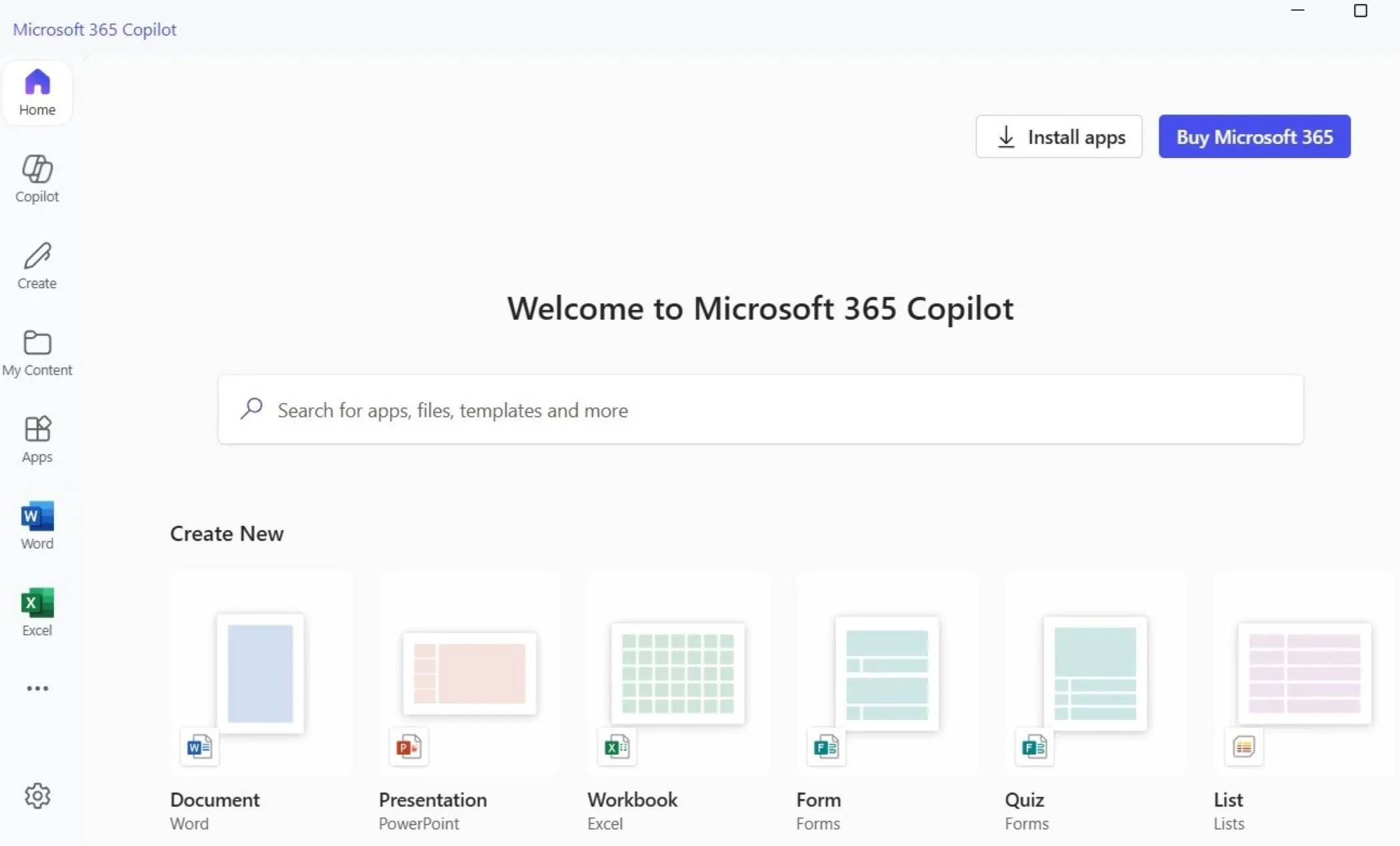 Thẻ trang chủ của ứng dụng Microsoft 365 Copilot, nơi hiển thị các tài liệu Office và tích hợp AI.