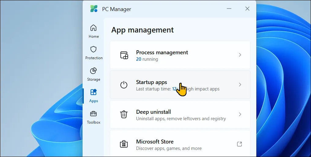 Thẻ Ứng dụng trong Microsoft PC Manager trên Windows 11 hiển thị danh sách các ứng dụng đang chạy và tùy chọn quản lý tiến trình, tắt ứng dụng không phản hồi.