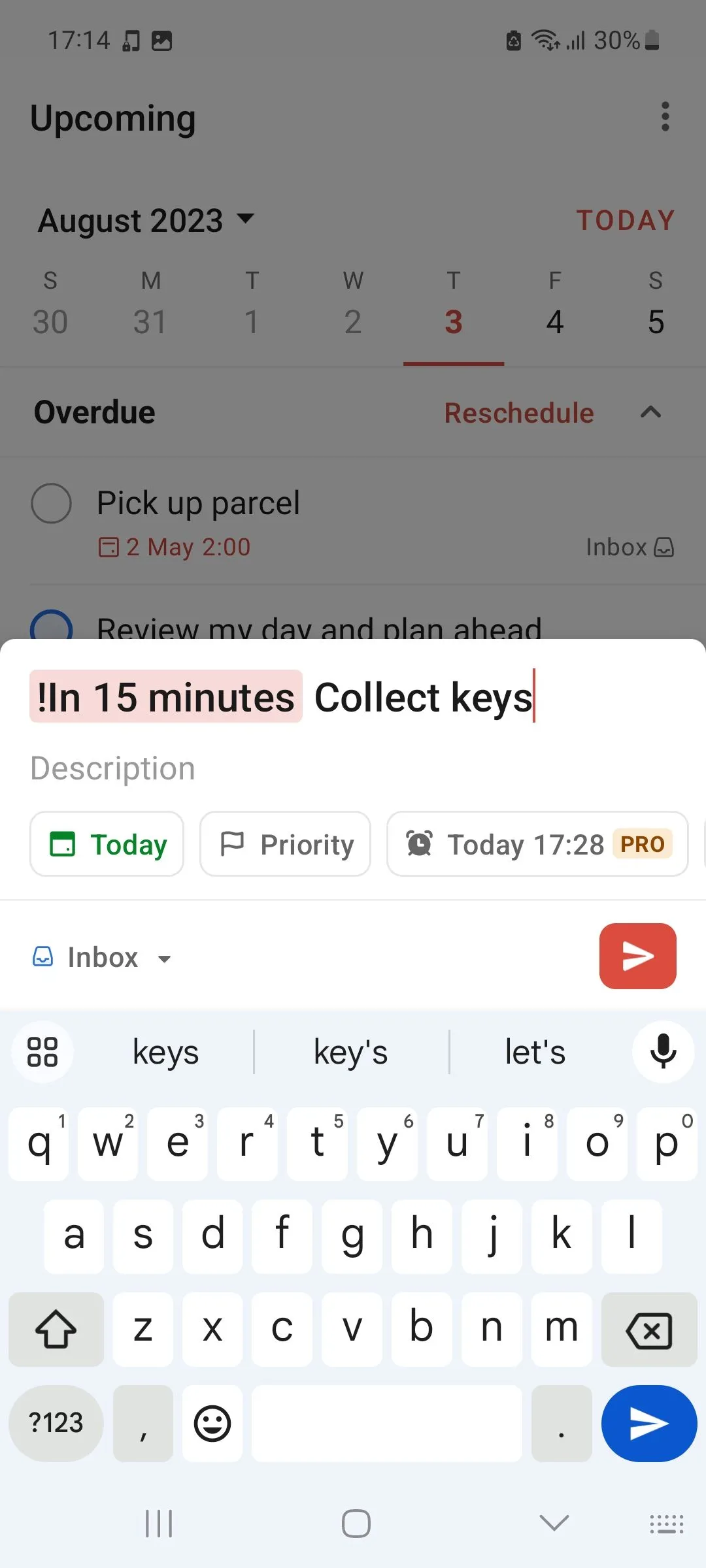Thêm nhiệm vụ ngắn hạn mới trên ứng dụng Todoist, thể hiện sự dễ dàng trong việc tổ chức công việc