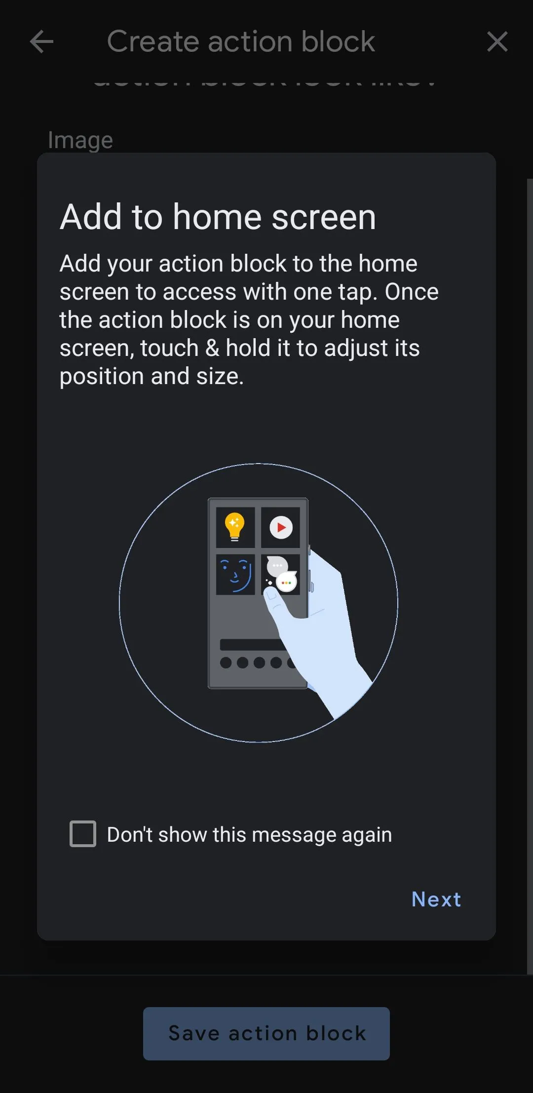 Thêm vào Màn hình chính trong ứng dụng Action Blocks trên điện thoại Android