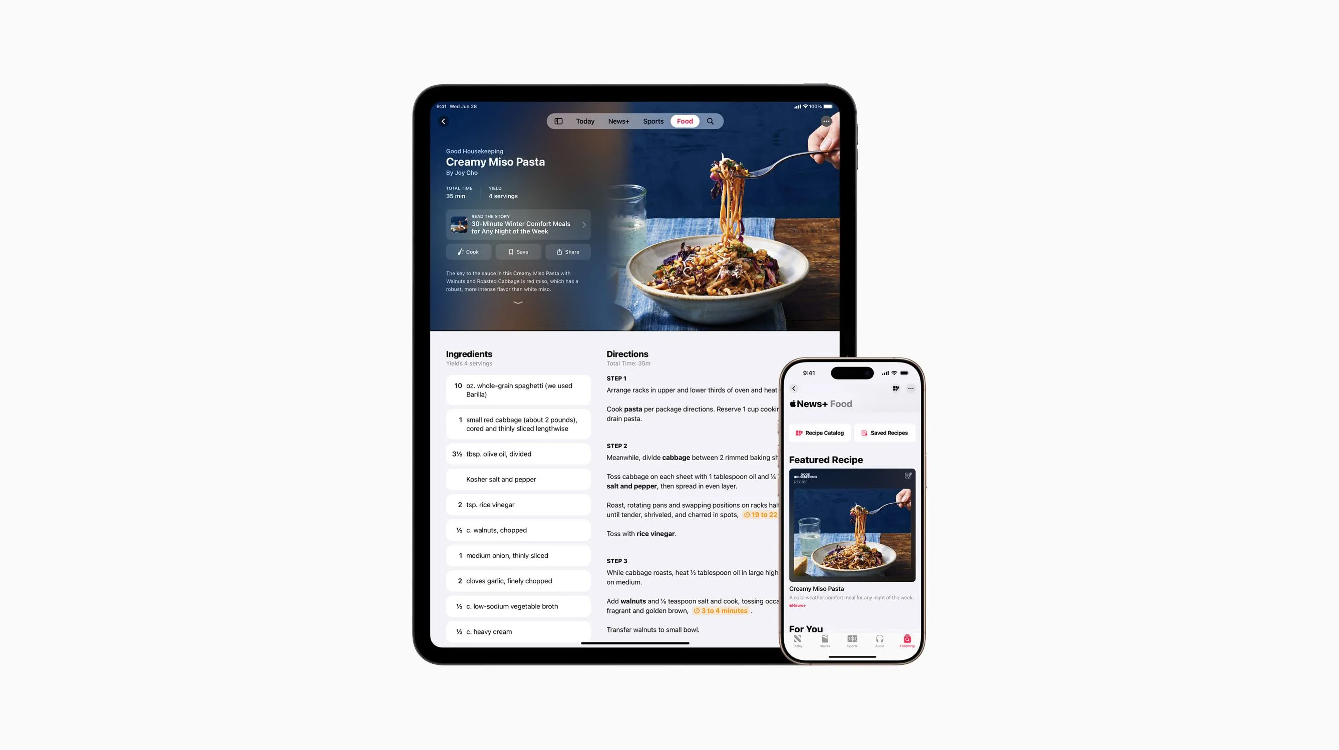 Thiết bị Apple hiển thị giao diện dịch vụ Apple News+ Food với các công thức nấu ăn