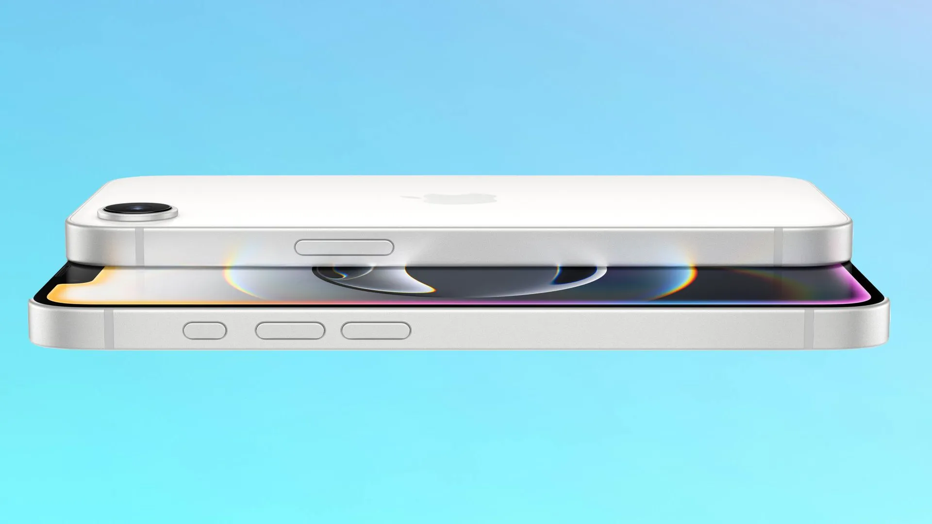 Thiết kế mặt trước và sau của iPhone 16e với camera Fusion và nút Action Button