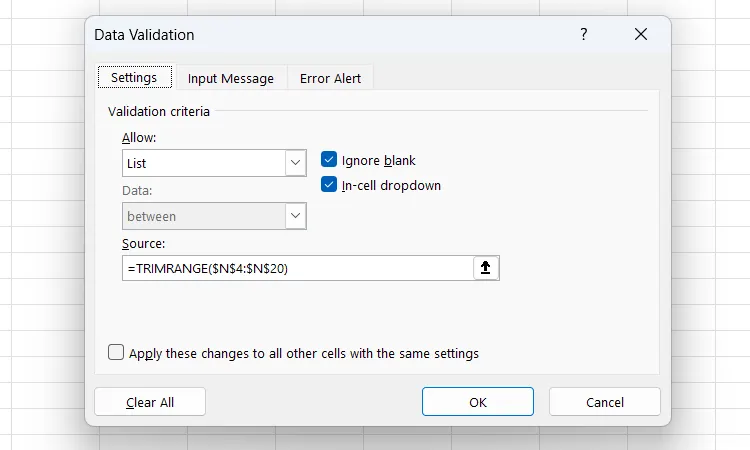 Thiết lập Data Validation sử dụng hàm TRIMRANGE trong trường Source để tạo danh sách sạch